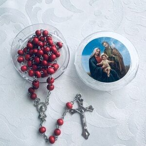 Rose Scented Red Wood Rosary Necklace in Acrylic Box with Holy Family Sticker